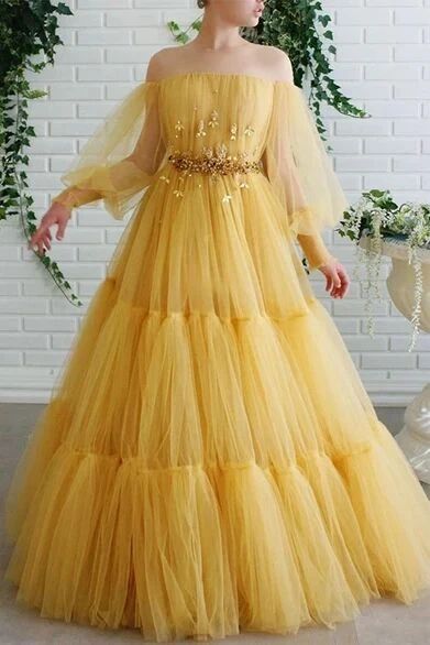Yellow pretty fairy elegant exquisite beading A-line long sleeve long tulle ball gown evening dress gh2234
