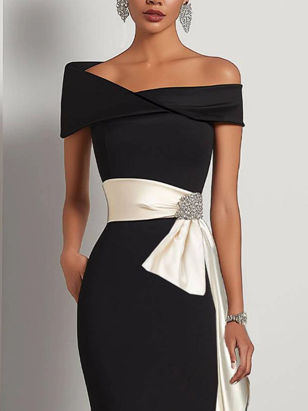 Elegant Evening Satin Dress Off-Shoulder Mermaid White Sash Rhinestone Dress