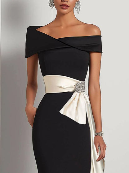 Elegant Evening Satin Dress Off-Shoulder Mermaid White Sash Rhinestone Dress