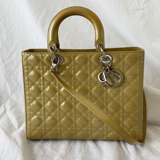 Dior Lady Dior Large Beige Patent Leather Bag