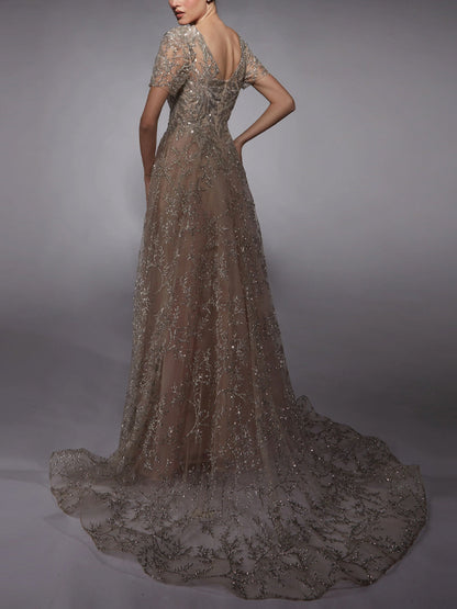 Round Neck Short Sleeve Sequined Mesh Maxi Dress