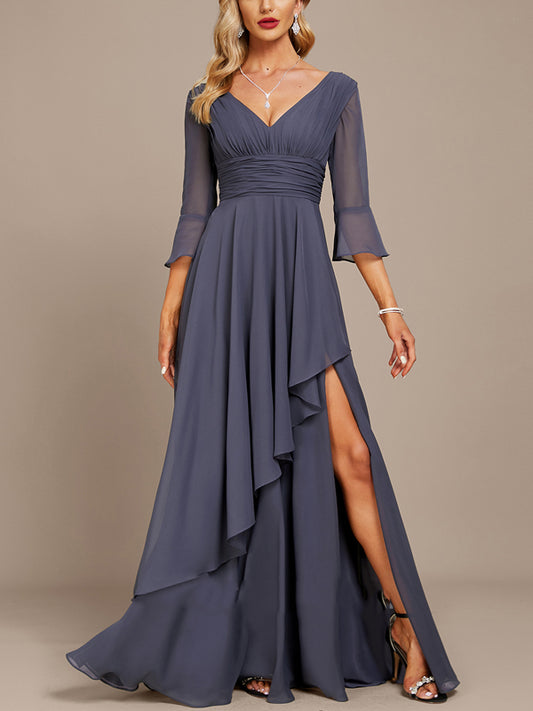 A-line V-Neck Floor-Length Chiffon Evening Dress With Cascading Ruffles