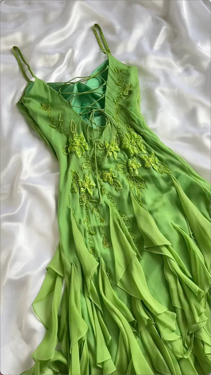 Charming A Line Spaghetti Strap Beaded Ruffle Green Chiffon Prom Dress SH2111