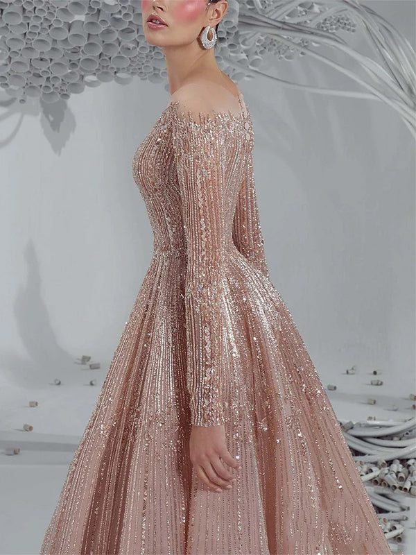 Round Neck Long Sleeve Sequin Solid Color Maxi Dress