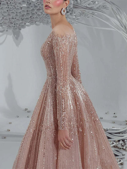 Round Neck Long Sleeve Sequin Solid Color Maxi Dress