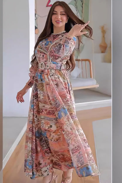 loveedsTM-Round Neck Printed Long Sleeve Slim Belted Women's Dress