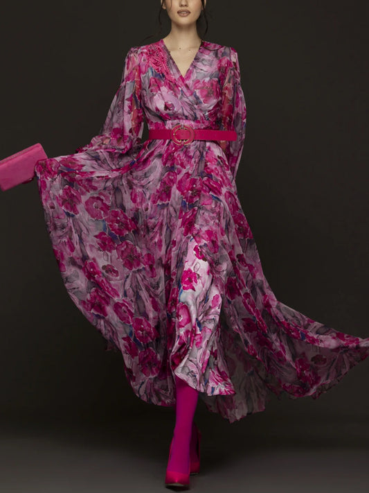 V-neck Long Sleeves With Print Maxi Dress