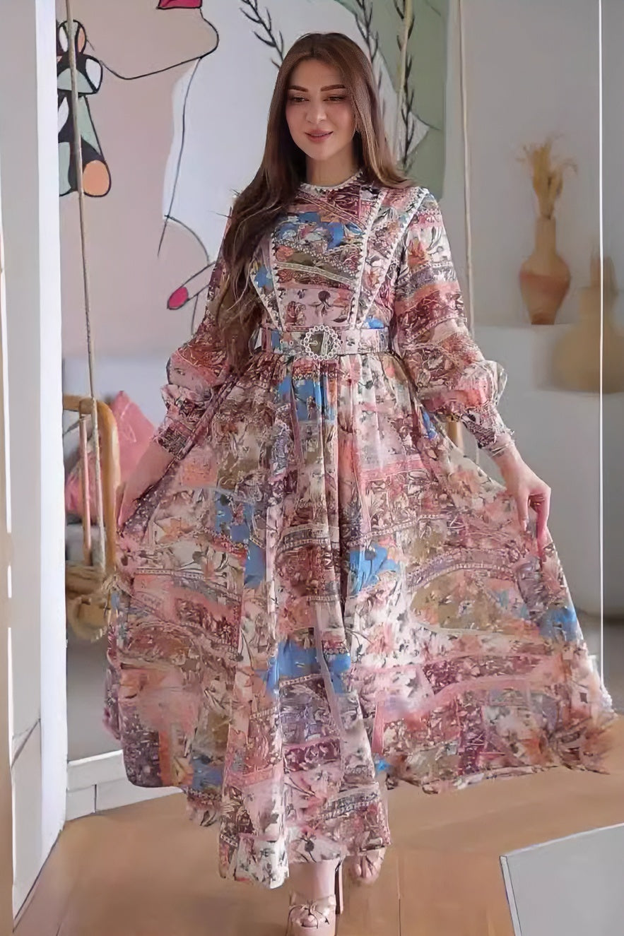 loveedsTM-Round Neck Printed Long Sleeve Slim Belted Women's Dress