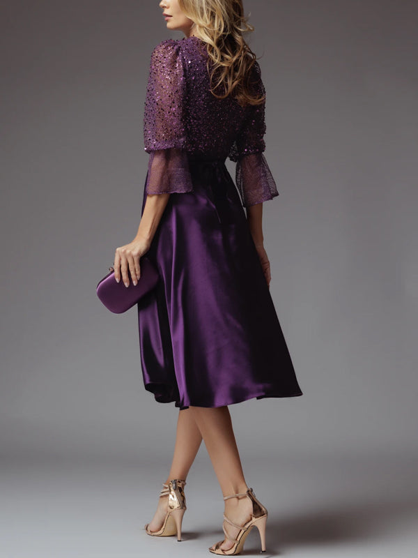 V-neck Sequins Solid Color Midi Dress