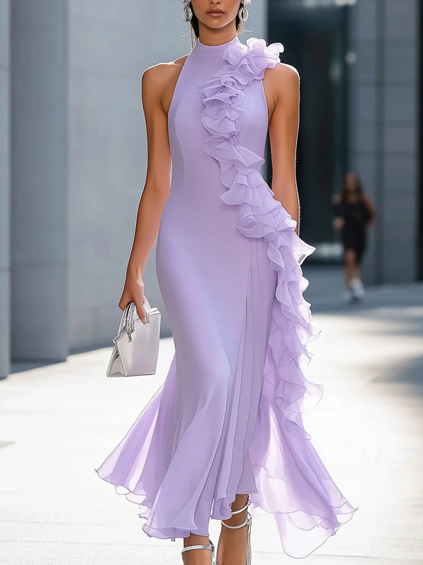 Elegant Plain Ruched Stand Collar Maxi Dress