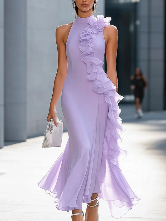 Elegant Plain Ruched Stand Collar Maxi Dress