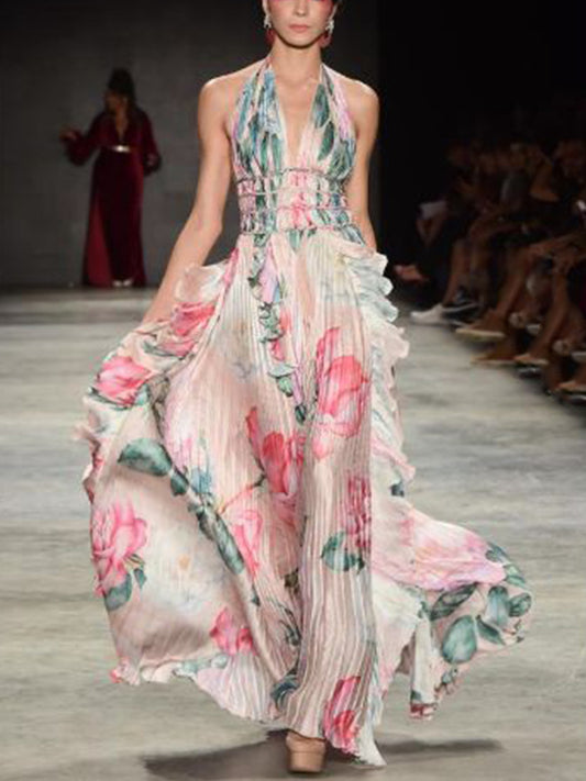 Pink Halterneck Print Maxi Dress