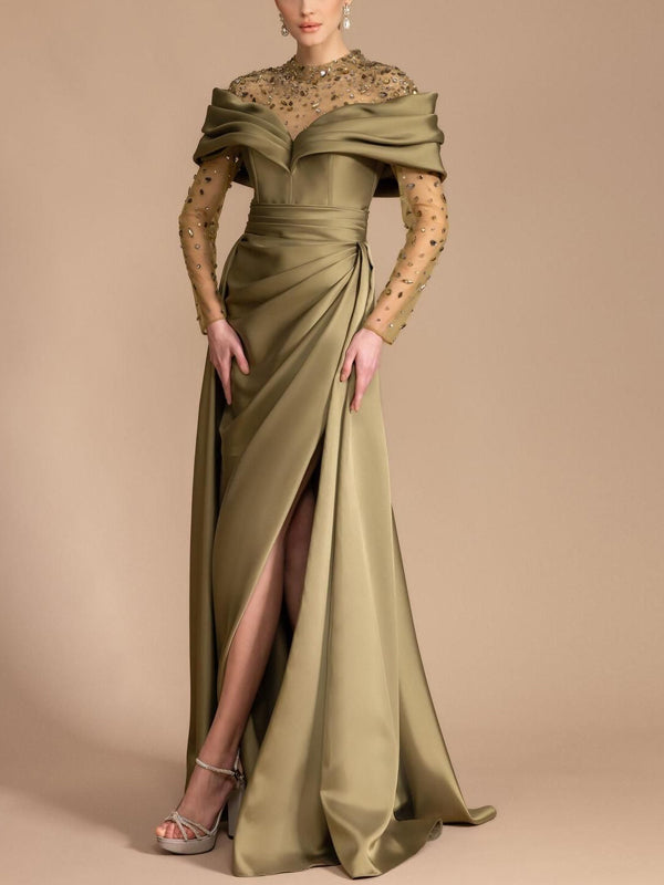 Round Neck Lace Long Sleeve Solid Color Maxi Dress