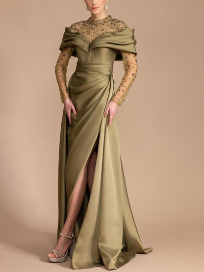 Round Neck Lace Long Sleeve Solid Color Maxi Dress