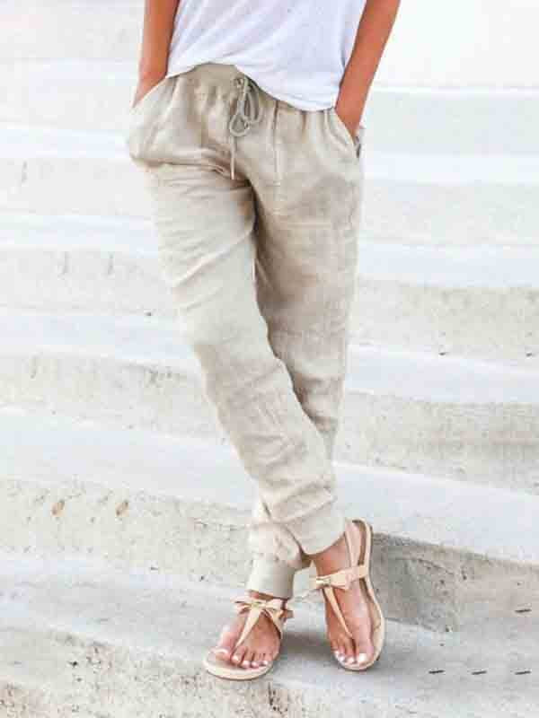 Cotton And Linen Comfortable Rib Elastic Waist Women's Trousers