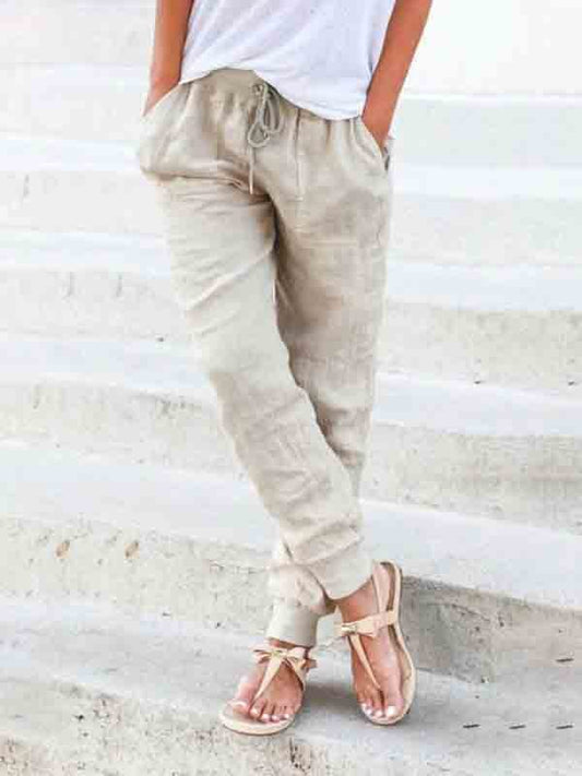 Cotton And Linen Comfortable Rib Elastic Waist Women's Trousers