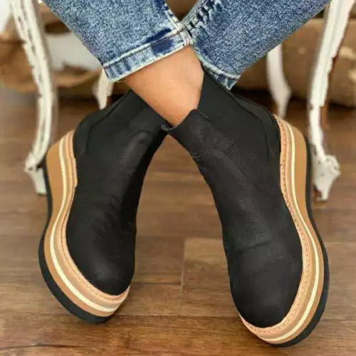Wedge heel ankle boots flat bottom side zipper deep mouth nude boots