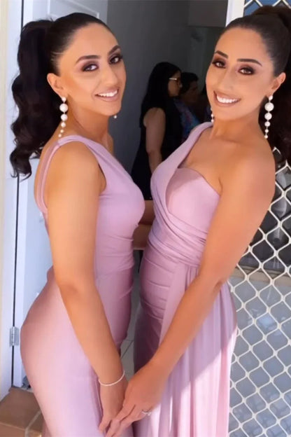 Pink One Shoulder Mermaid Satin Bridesmaid Dresses