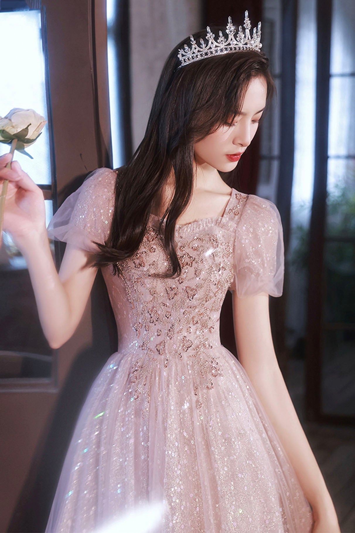 Pink Sequins and Lace Long Formal Dress, Cute Short Sleeve Evening Dress