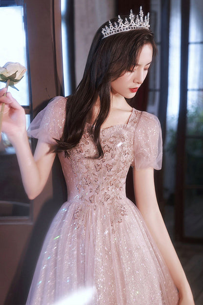 Pink Sequins and Lace Long Formal Dress, Cute Short Sleeve Evening Dress