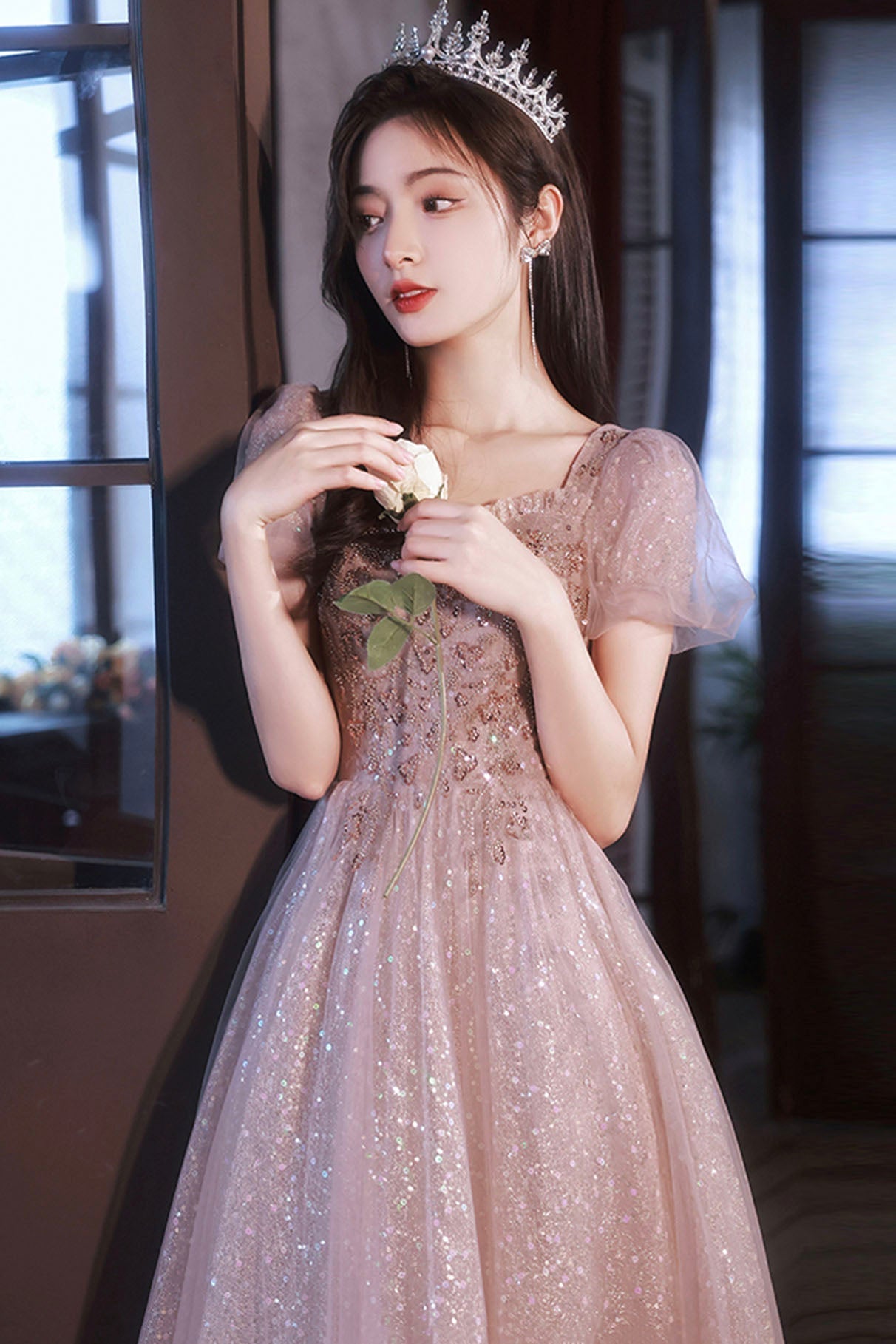 Pink Sequins and Lace Long Formal Dress, Cute Short Sleeve Evening Dress