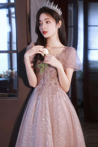 Pink Sequins and Lace Long Formal Dress, Cute Short Sleeve Evening Dress