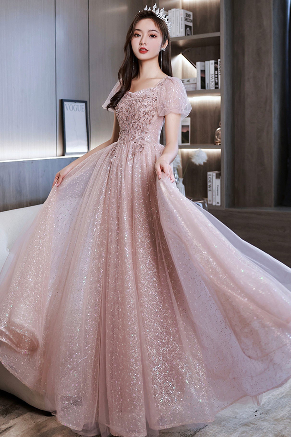 Pink Sequins and Lace Long Formal Dress, Cute Short Sleeve Evening Dress
