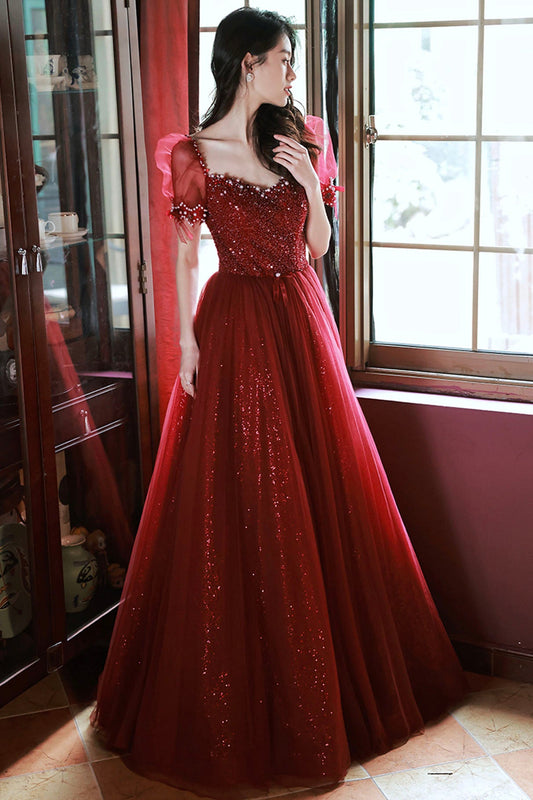 Burgundy Beaded Chic Long A-Line Prom Dress, Cute Short Sleeve Party Dress