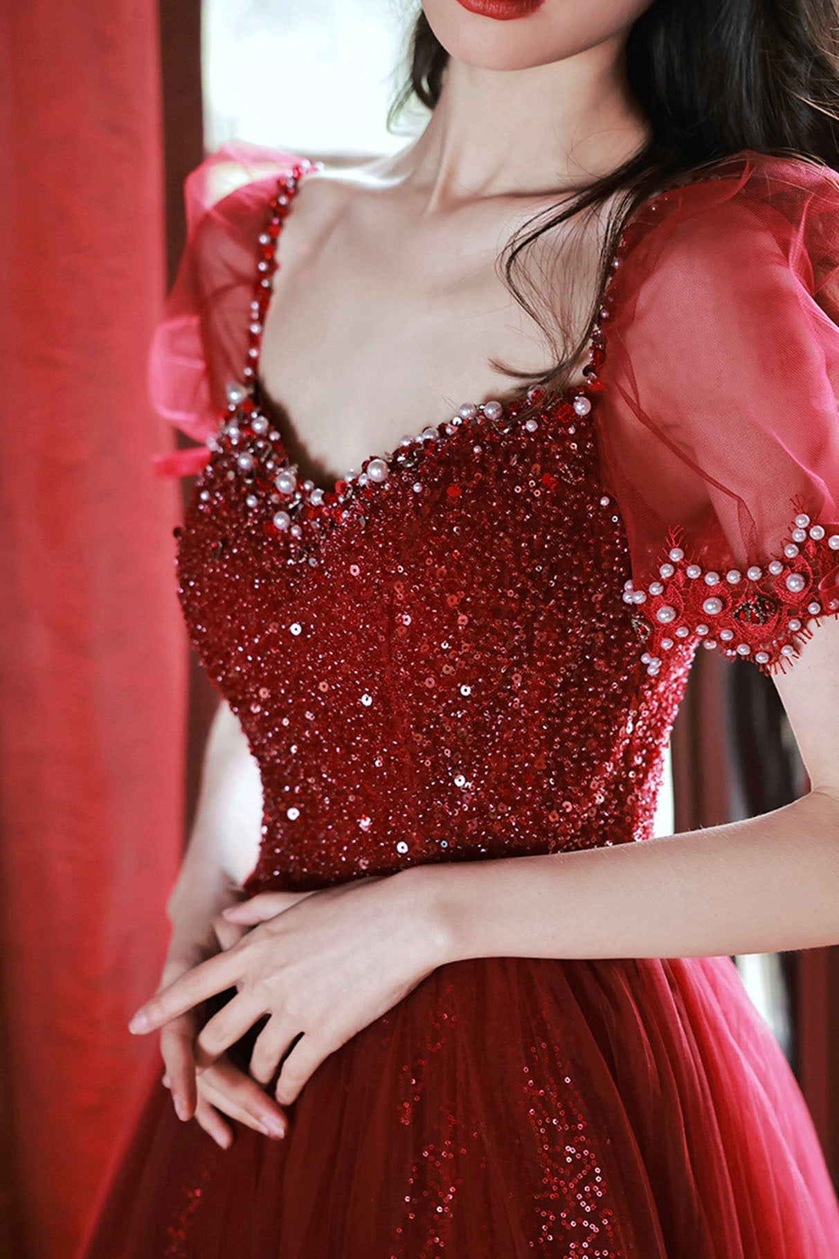 Burgundy Beaded Chic Long A-Line Prom Dress, Cute Short Sleeve Party Dress