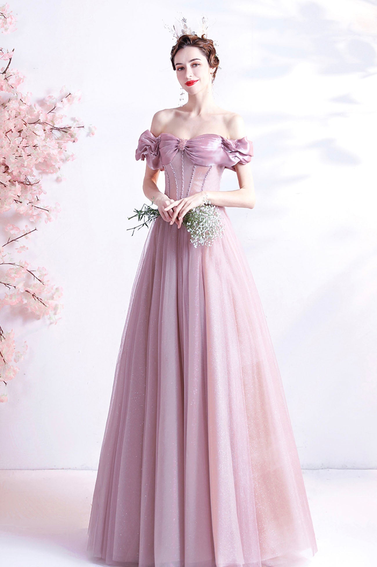 Pink Sweetheart with Beaded Tulle Prom Dresses, Pink Long Formal Dresses