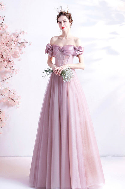 Pink Sweetheart with Beaded Tulle Prom Dresses, Pink Long Formal Dresses