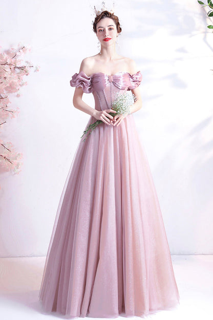 Pink Sweetheart with Beaded Tulle Prom Dresses, Pink Long Formal Dresses
