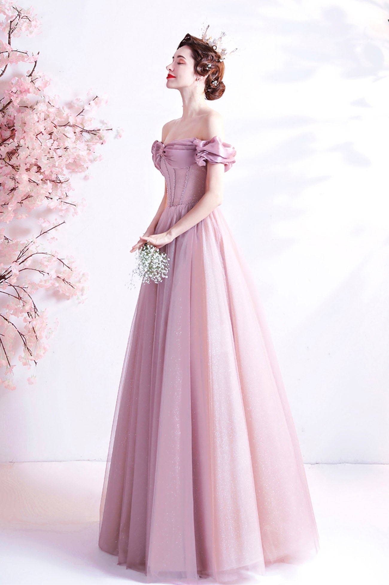 Pink Sweetheart with Beaded Tulle Prom Dresses, Pink Long Formal Dresses