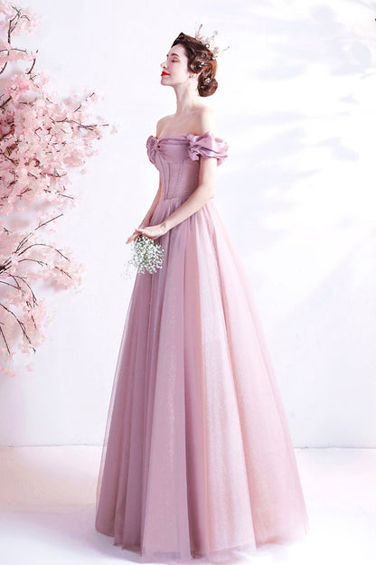 Pink Sweetheart with Beaded Tulle Prom Dresses, Pink Long Formal Dresses