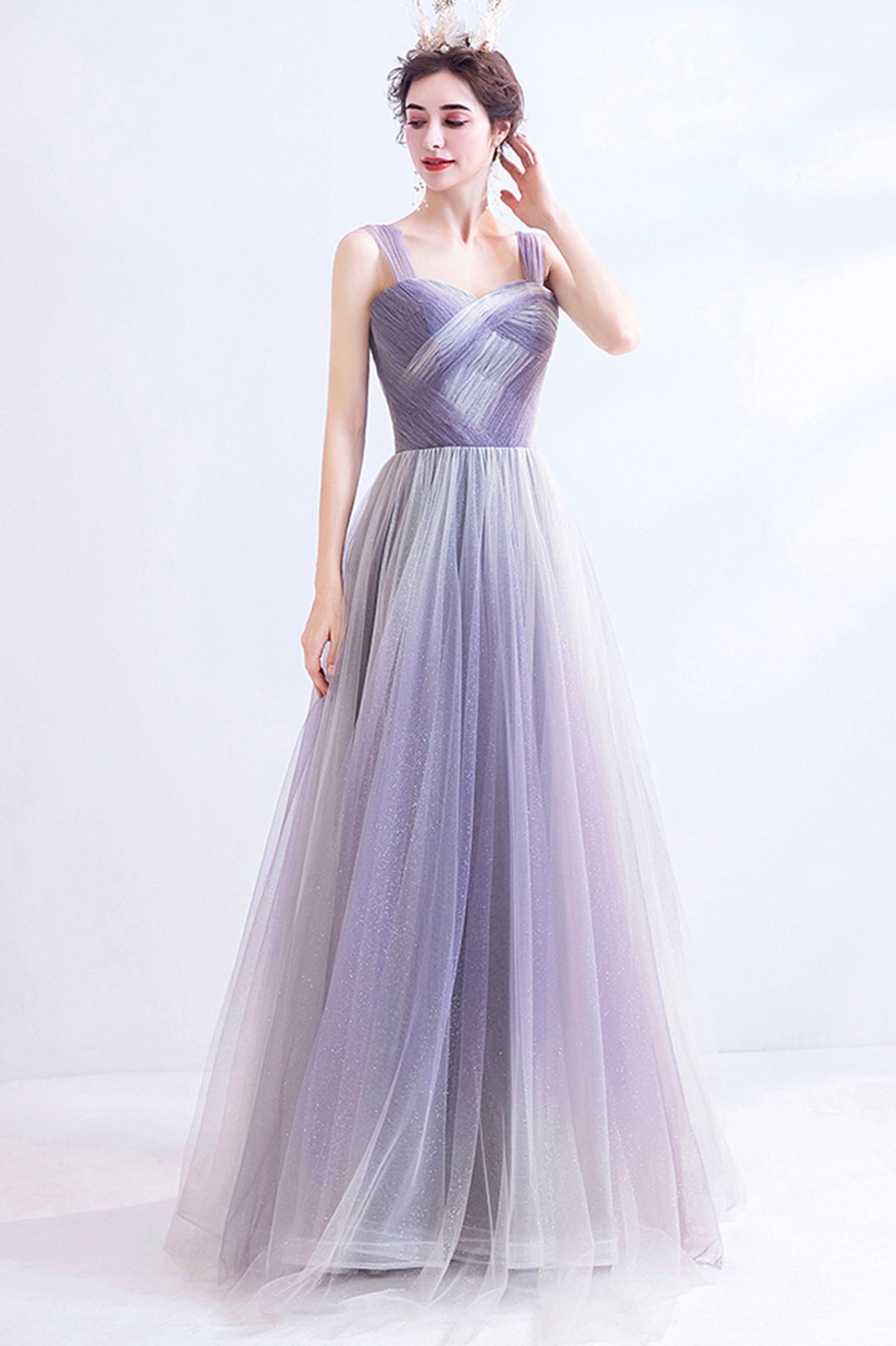 Unique Purple Tulle Long Formal Dress, A-Line Evening Graduation Dress