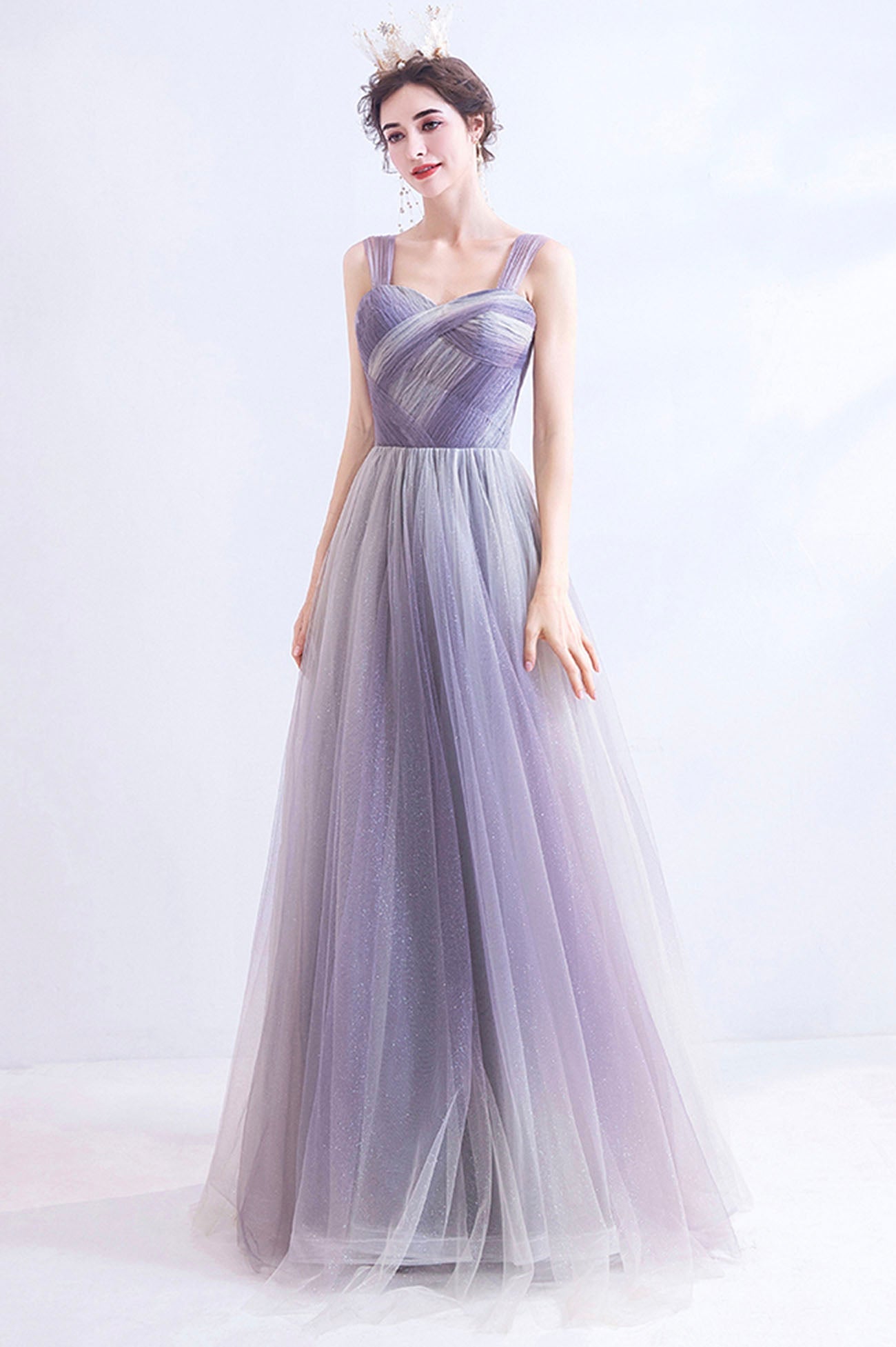 Unique Purple Tulle Long Formal Dress, A-Line Evening Graduation Dress