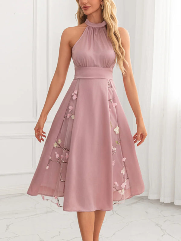 Halter A-line Jacquard Satin Midi Dress