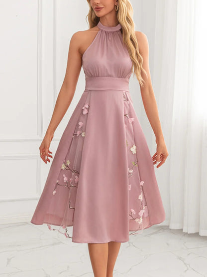 Halter A-line Jacquard Satin Midi Dress