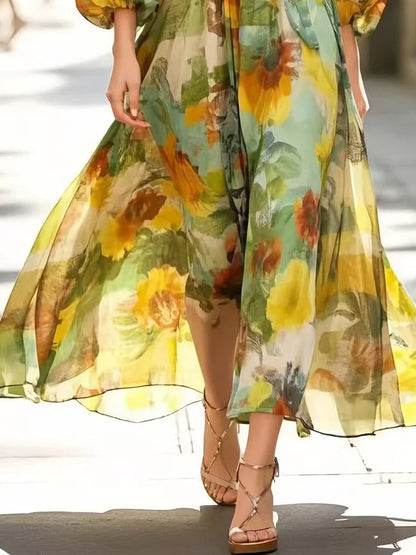 V-neck Chiffon Print Maxi Dress
