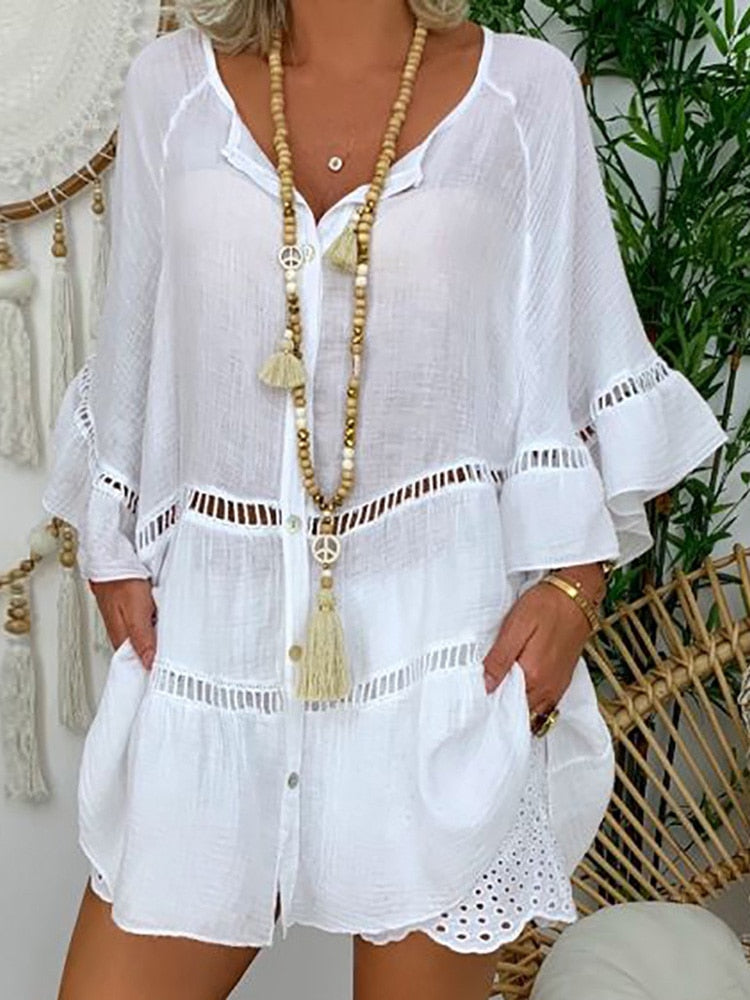 loveedsTM- Women Hollow Out Cotton Linen Mini Top Dress 2024 Summer V Neck Flared Sleeve Loose Irregular Dress Woman Casual Beach Dresses