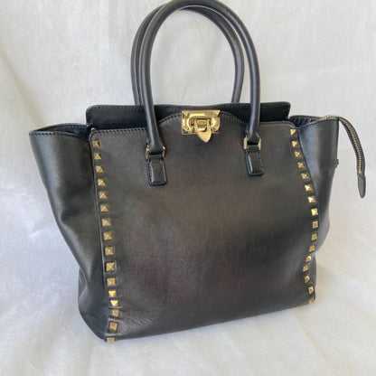 Valentino Black Leather Rockstud Trapeze Tote