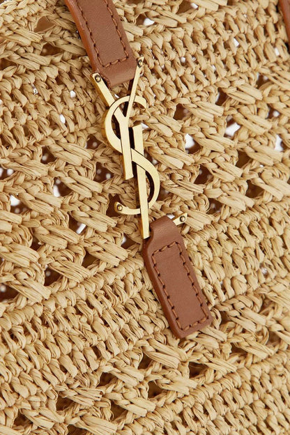 SAINT LAURENT Panier small leather-trimmed raffia tote