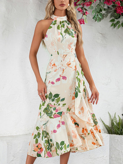 Ruffle Floral Print Halter High Neck A-line Chiffon Satin Asymmetrical Midi Dress