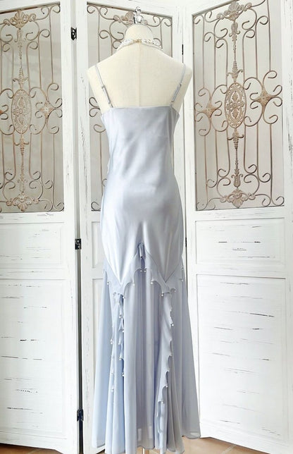 Silver Blue Vintage Fashion Elegant Exquisite Beading Mermaid Spaghetti Strap Satin Long Prom Gown Party Dress gh3684