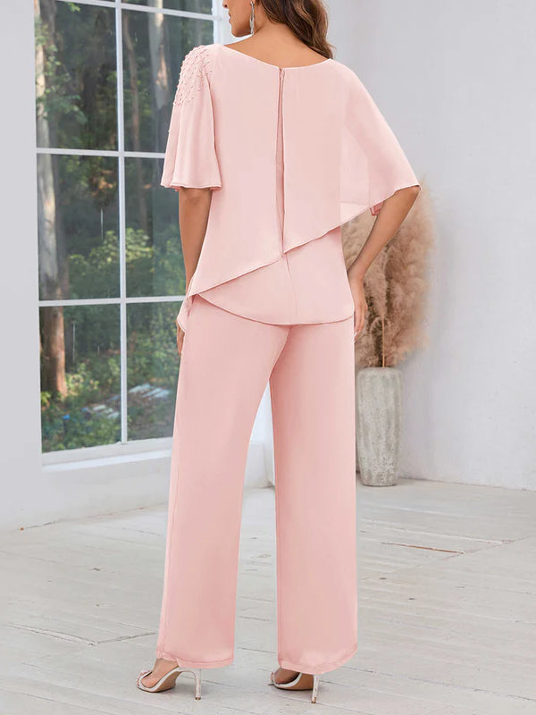 Trendy Half Sleeves Beaded Chiffon Mother of the Bride Jumpsuit/Pantsuit