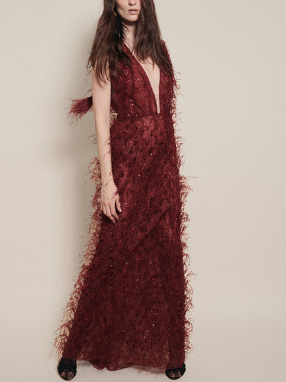 V-neck Sleeveless Sequins Maxi Dress