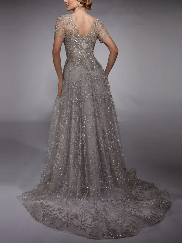 Round Neck Short Sleeve Sequined Mesh Maxi Dress