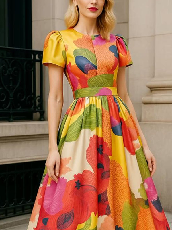 Round Neck Color Matching Temperament Party Ladies Dress