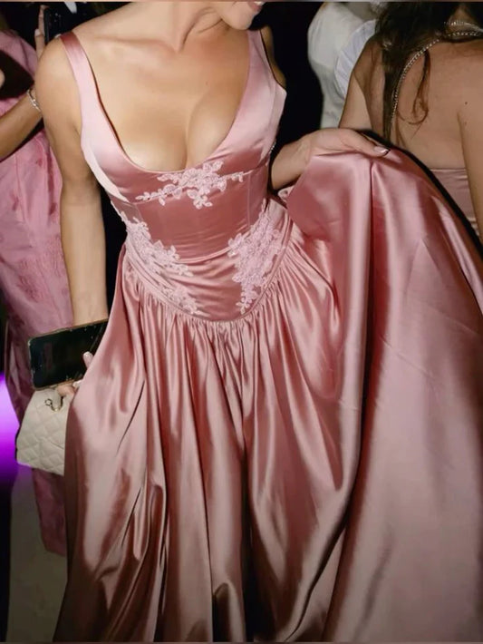 Elegant Pink A Line V Neck Appliques Satin Prom Dress Evening Dress SH2467