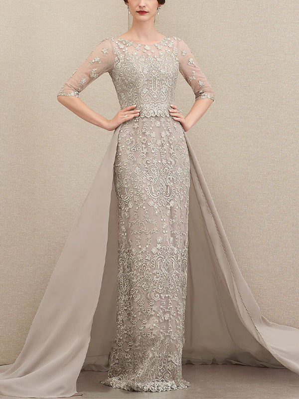 Round Neck Solid Color Lace Short Sleeves Maxi Dress